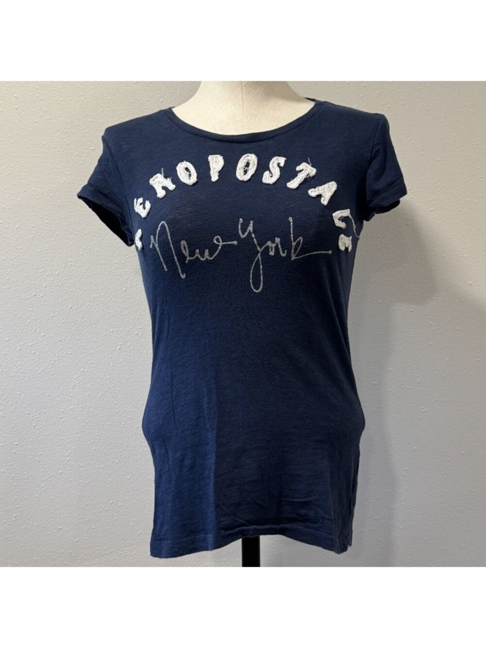 Aeropostale New York Graphic Tee Womens Size Med Blue Glitter Short Sleeve Top